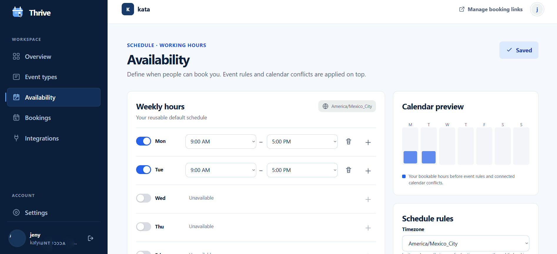 Thrive availability settings and weekly working hours